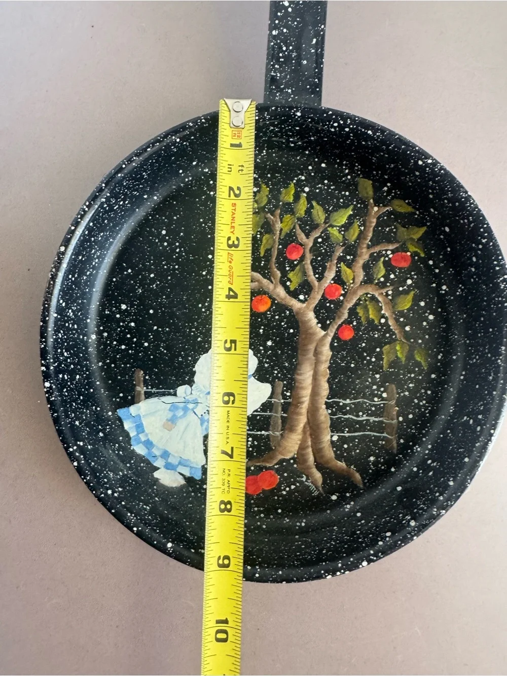 Hand-Painted Black Speckled Skillet Wall Decor with Girl and Apple Tree